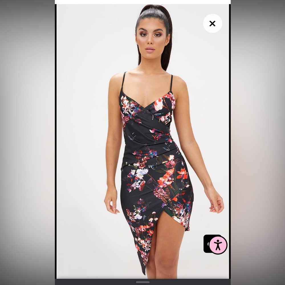 Black floral wrap front midi dress